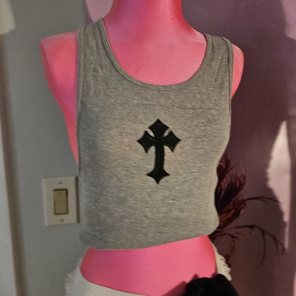 Grey Tank Top Goth Cross Chrome Hearts Looking Top - Picture 16 of 16